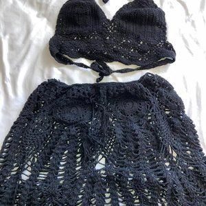 HAWAIIN BLACK YARN HAND KNIT BIKINI BATHING SUIT TOP & BOTTOM COVER ONE SIZE S-L